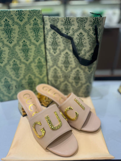 GUCCI Heeled Sandals with Gold-Tone Logo – Premium Quality (Beige Golden)