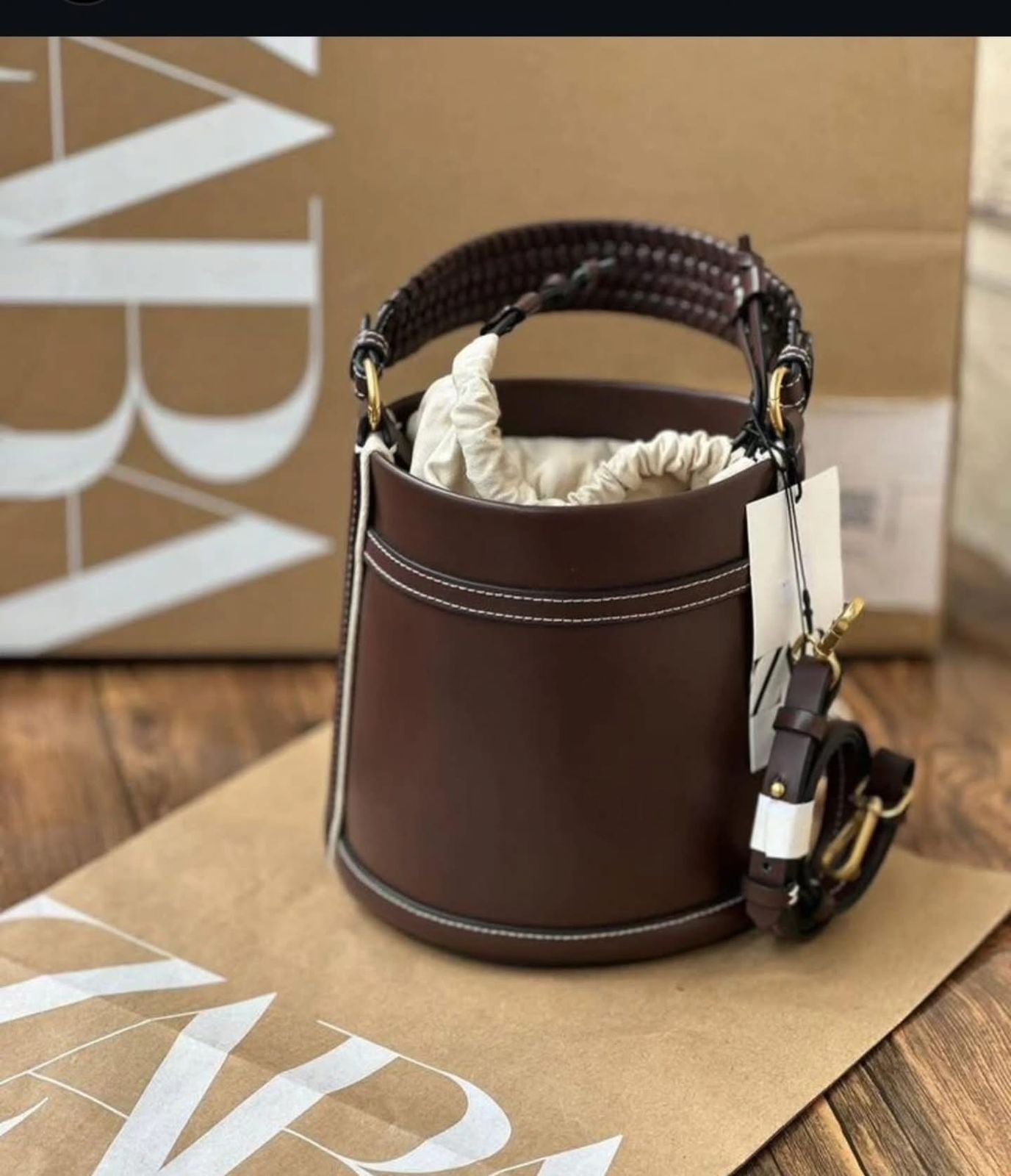 Z-A-R-A Braided Handle Bucket Women Bag – Casual Chic Edition (Brown)