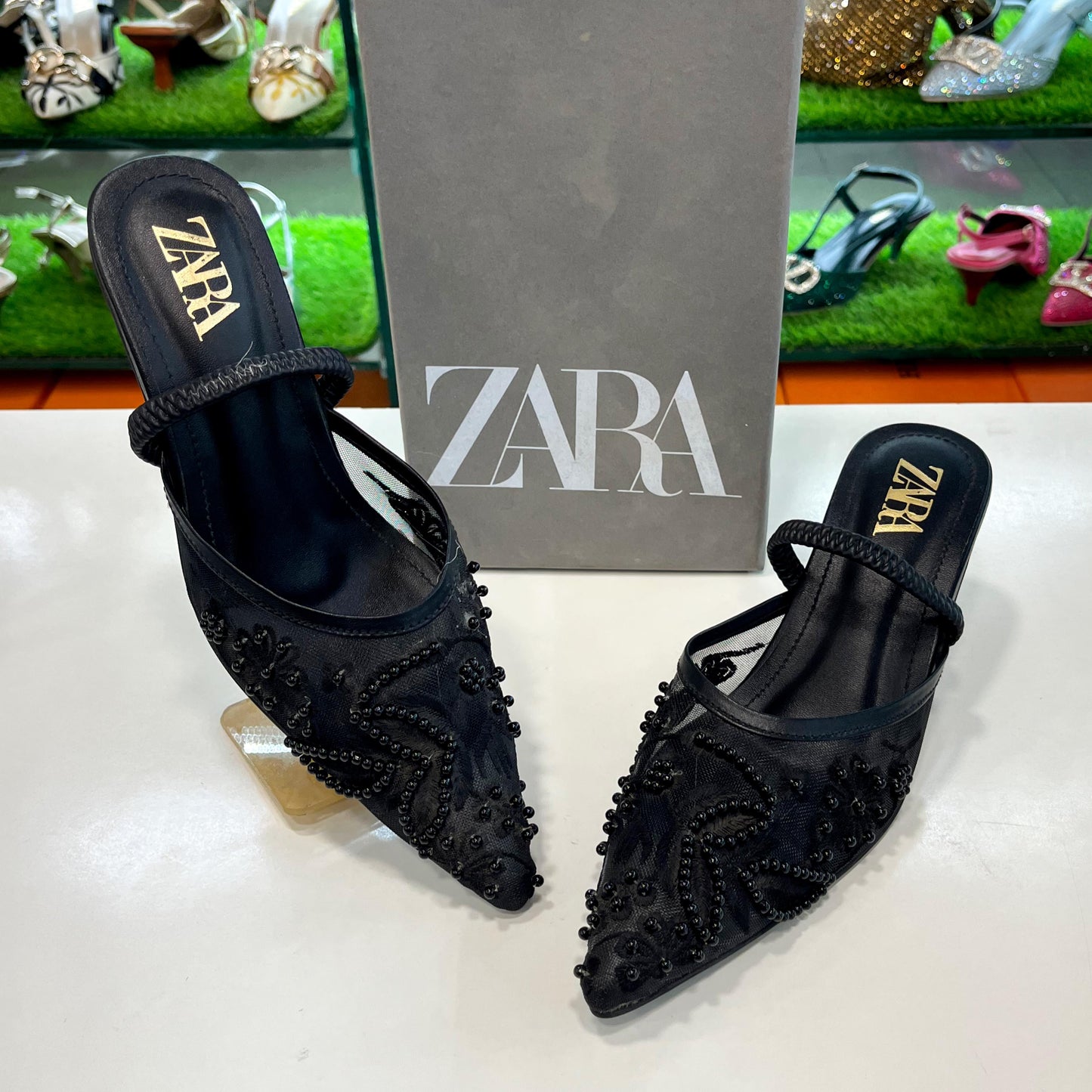 ZARA Mesh Floral Embroidered Slingback Women’s High Heels (Black)