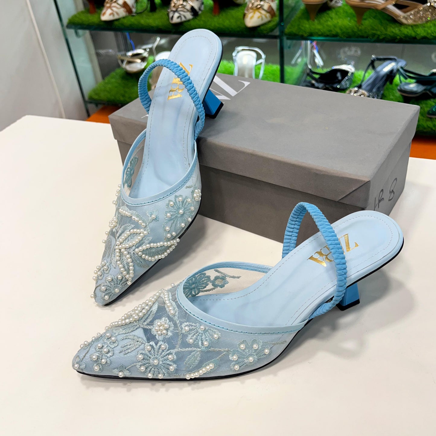 ZARA Mesh Floral Embroidered Slingback Women’s High Heels (Sky Blue)