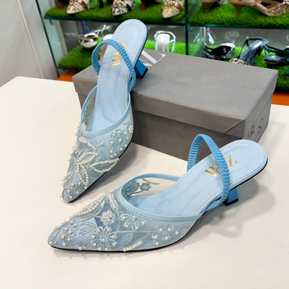 ZARA Mesh Floral Embroidered Slingback Women’s High Heels (Sky Blue)