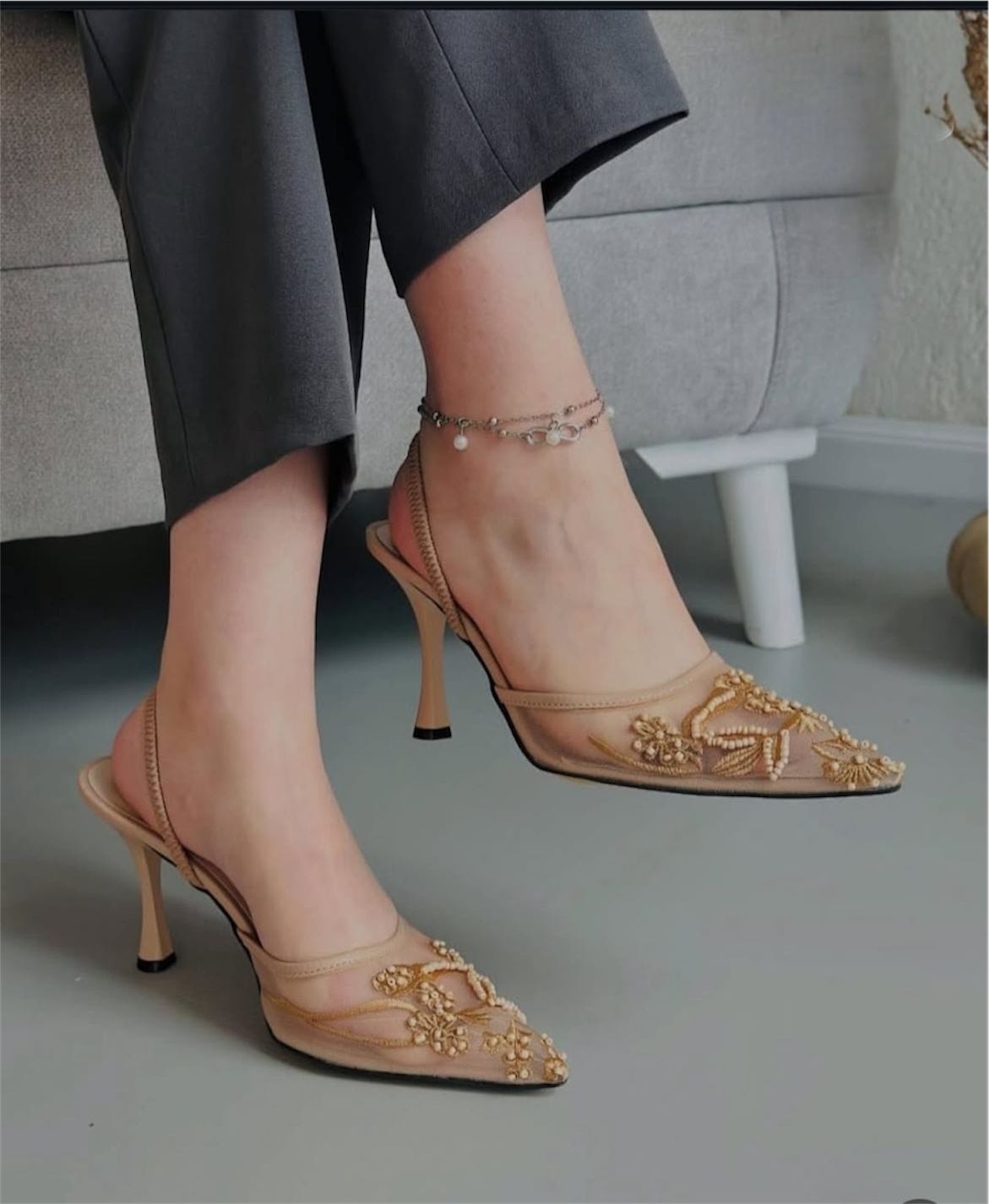 ZARA Mesh Floral Embroidered Slingback Women’s High Heels (Brown)