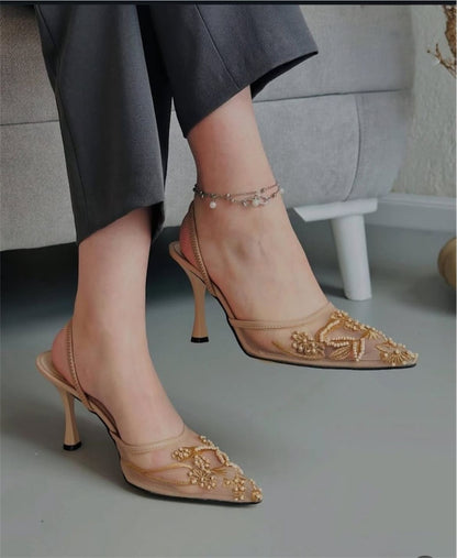 ZARA Mesh Floral Embroidered Slingback Women’s High Heels (Brown)