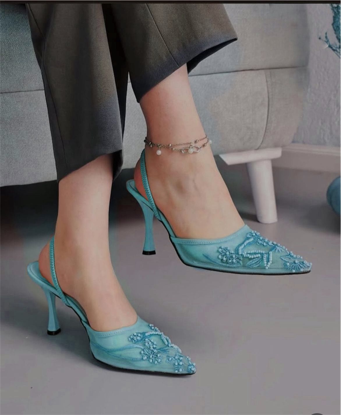 ZARA Mesh Floral Embroidered Slingback Women’s High Heels (Sky Blue)