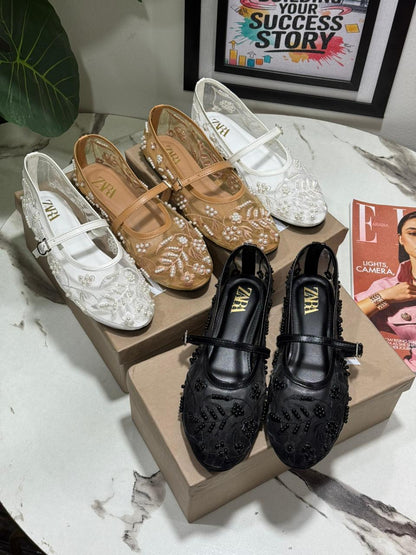 ZARA Flat Embroidery Pumps – New Arrival | Women Shoes (White)