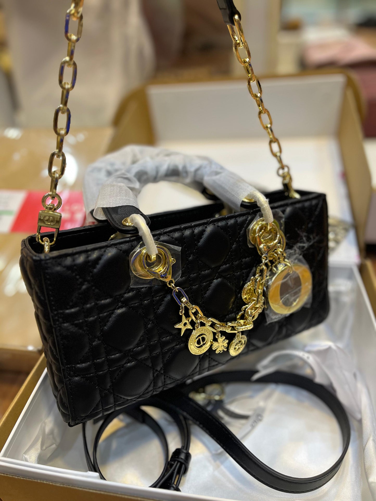 DIOR Medium Lady D-Joy Bag Black Cannage Lambskin – Luxury Women Bag (Black)