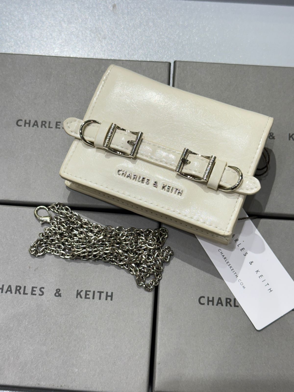 CHARLES & KEITH SLOANE METALLIC CHAIN-HANDLE WALLET – Women Bag (Pearl White)