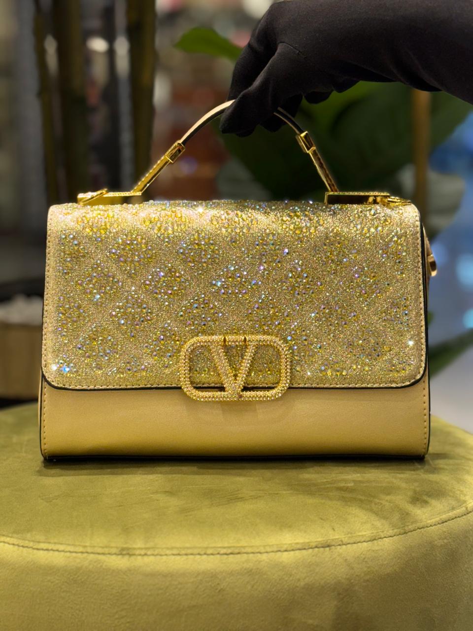 V-A-L-E-N-T-I-N-O STONE HANDBAG WITH LONG STRAP – Women Bag (Golden)