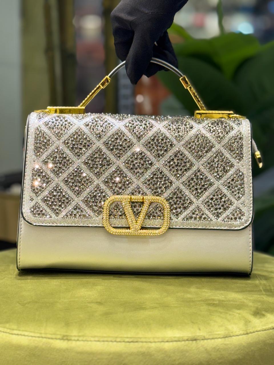 V-A-L-E-N-T-I-N-O STONE HANDBAG WITH LONG STRAP – Women Bag (Silver)