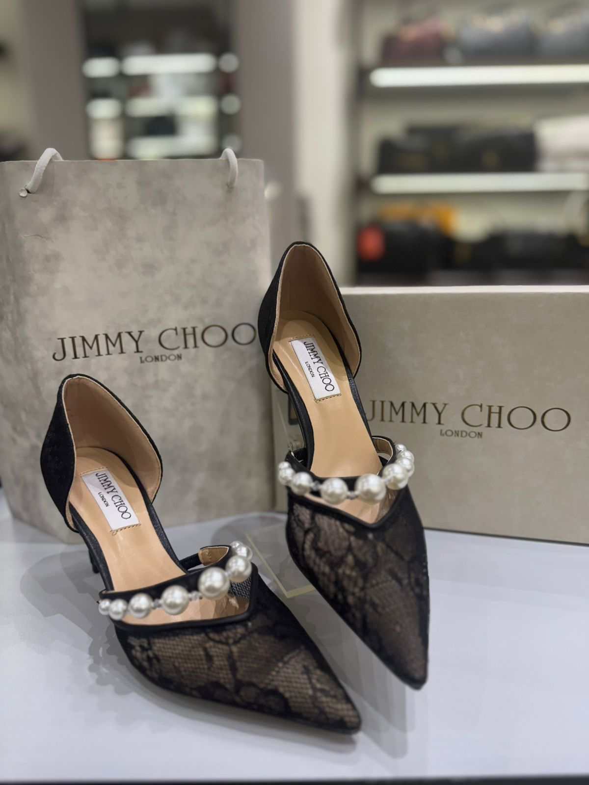 J-I-M-M-Y C-H-O-O AURELIE 85 PEARL-EMBELLISHED HEEL PUMPS – WOMEN SHOES (Black Design A)