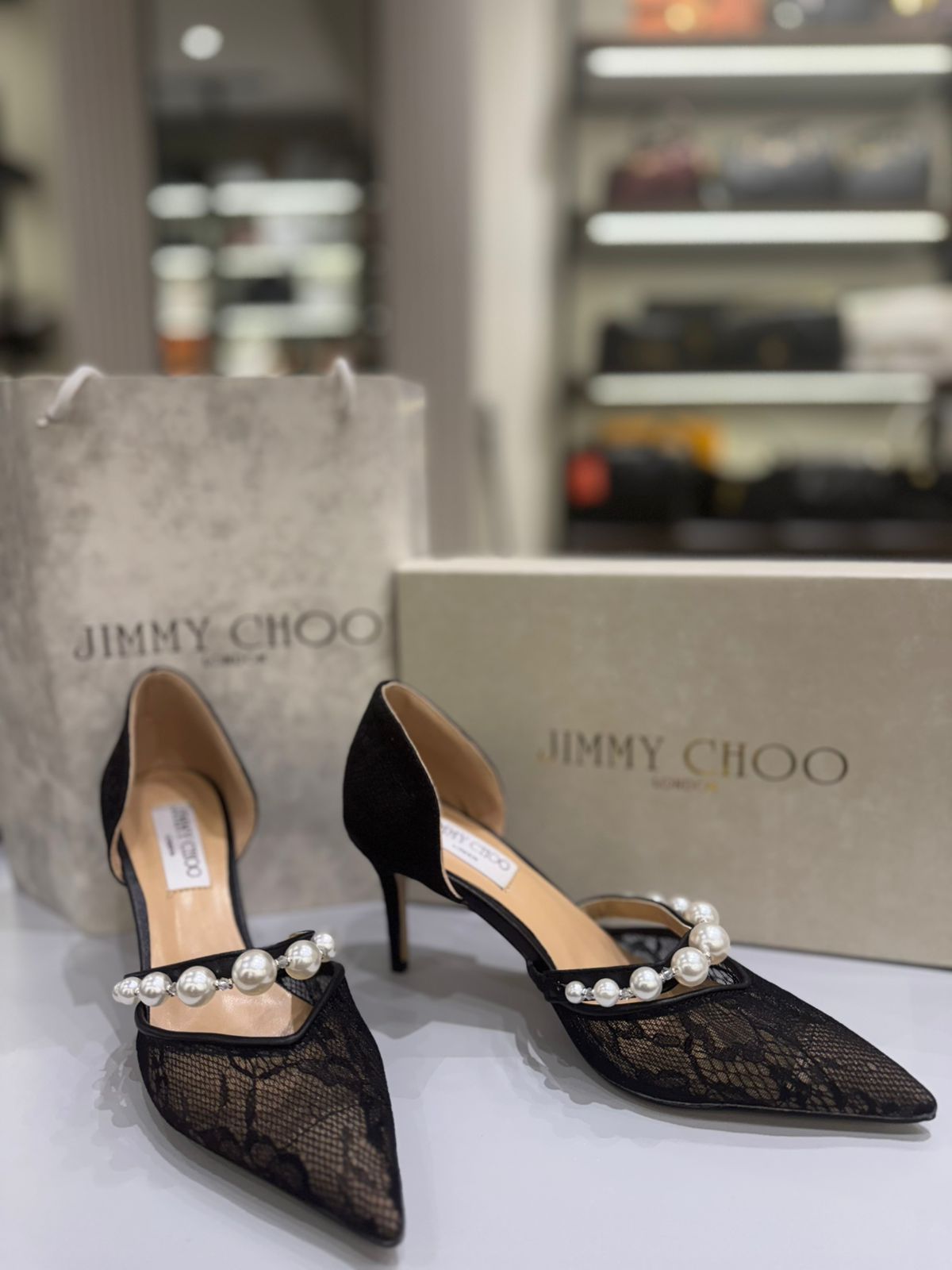 J-I-M-M-Y C-H-O-O AURELIE 85 PEARL-EMBELLISHED HEEL PUMPS – WOMEN SHOES (Black Design A)
