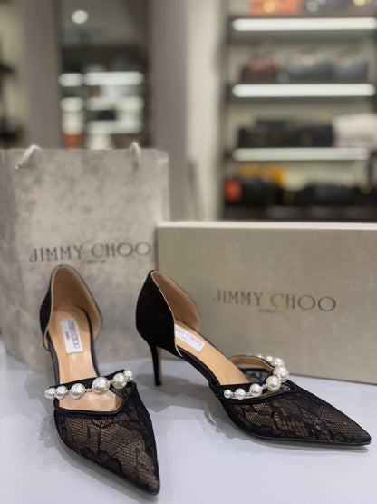 J-I-M-M-Y C-H-O-O AURELIE 85 PEARL-EMBELLISHED HEEL PUMPS – WOMEN SHOES (Black Design A)