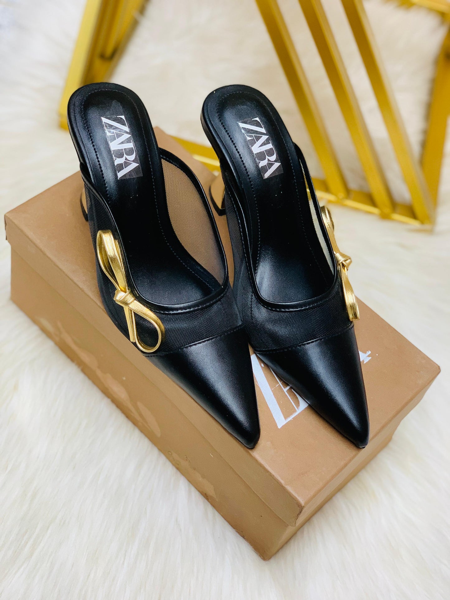 Z-A-R-A Net Tie Pointy Heel – Re-Stock | Premium Quality | With Brand Box (Black)