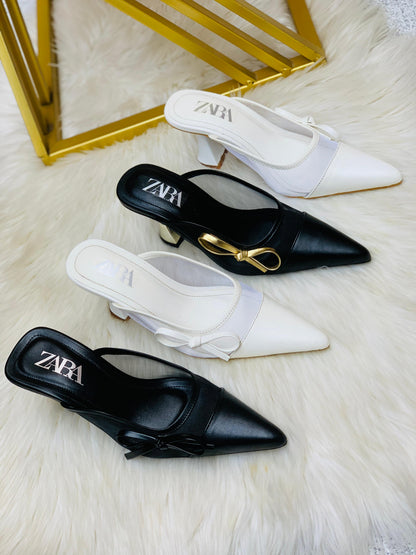 Z-A-R-A Net Tie Pointy Heel – Re-Stock | Premium Quality | With Brand Box (White)