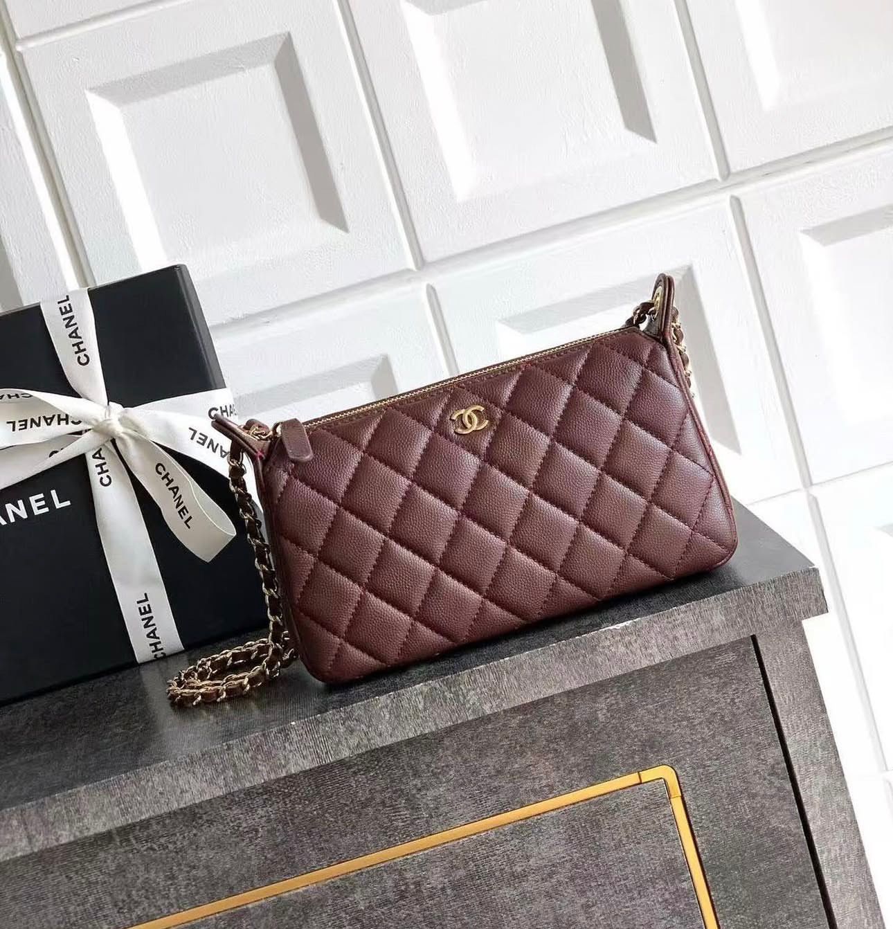 C-H-A-N-E-L 25A Double Chain Bag – Caviar Leather Women Shoulder Bag with GHW (Maroon)