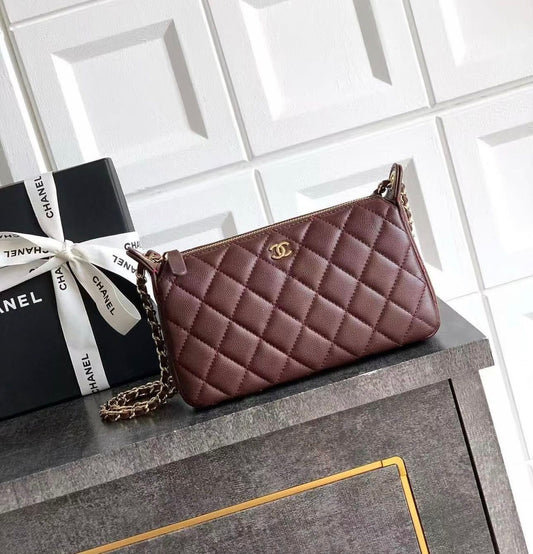 C-H-A-N-E-L 25A Double Chain Bag – Caviar Leather Women Shoulder Bag with GHW (Maroon)