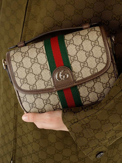 G-U-C-C-I Ophidia Small Top Handle Bag – GG Monogram Women Shoulder Bag (Beige Brown)
