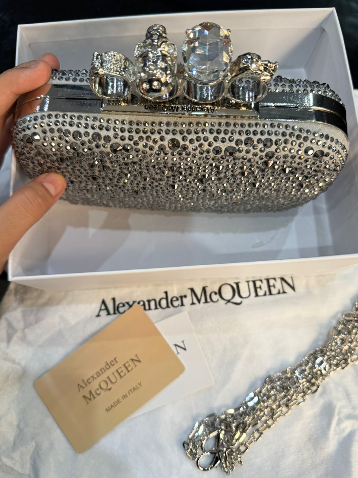 A-L-E-X-A-N-D-E-R M-C-Q-U-E-E-N Skull Knuckle Embellished Clutch – Women Bag (Silver)