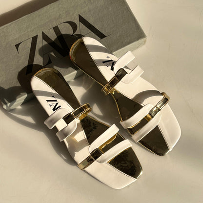 Z-A-R-A Fancy Flat Slippers – Soft & Comfortable Women Footwear | White/Gold