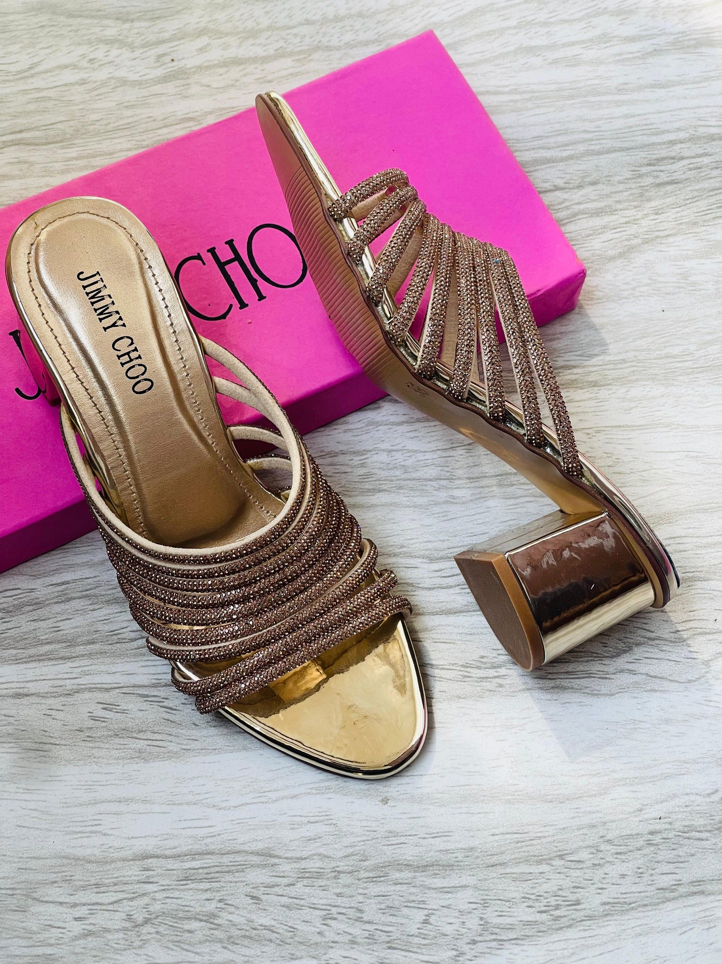 J-I-M-M-Y C-H-O-O Mashe Crystal Heels | Super Premium Edition (Gold)