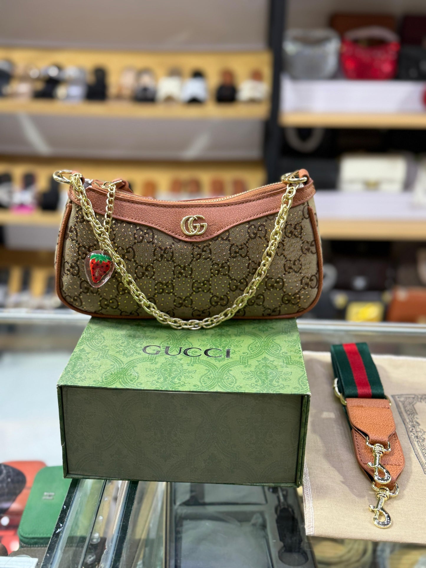 G-U-C-C-I Luxury Crystal Softy Women Bag | Super Premium Edition (Brown)