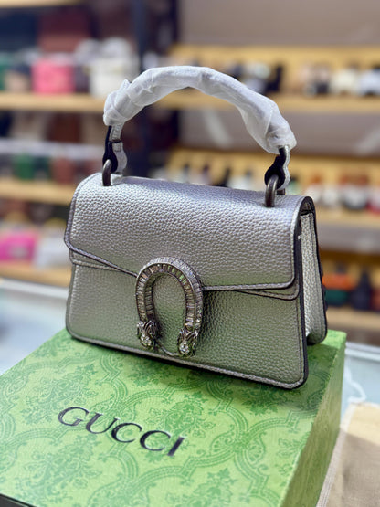G-U-C-C-I Luxury Leather Finish Women Bag | Signature Edition (Silver)