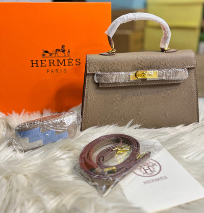 H-E-R-M-È-S Kelly 20 Mini – Elegant PU Leather Women Bag | Premium Quality (Grey/Coffee)