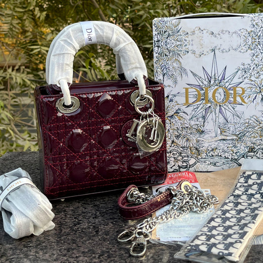 D-I-O-R Luxury Mini Patent Lady Style Women Bag – Black | Premium Edition (Maroon)