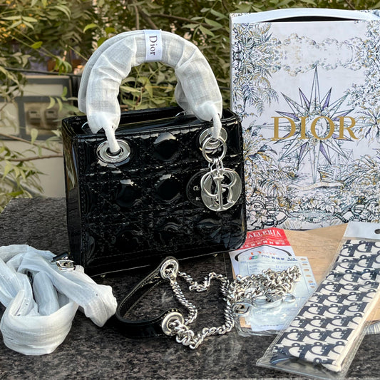 D-I-O-R Luxury Mini Patent Lady Style Women Bag – Black | Premium Edition (Black)