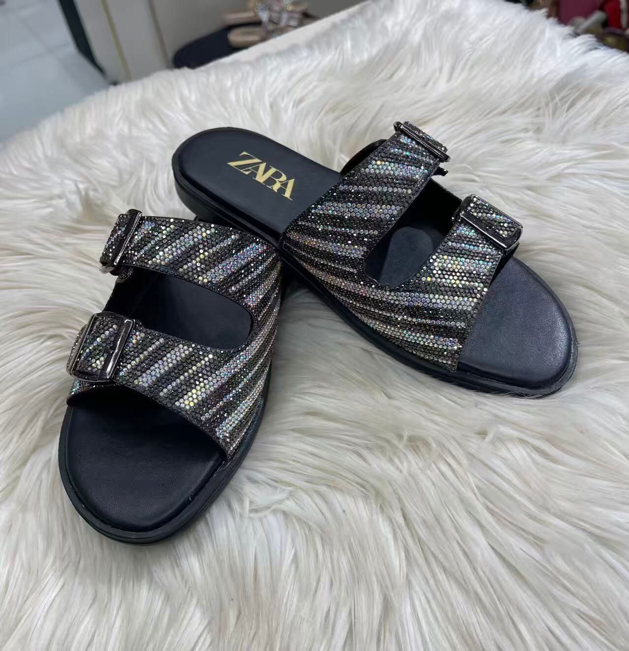 Z-A-R-A Inspired Stones Embellished Slingback – Kitten Flat | Premium Women Footwear (Black)