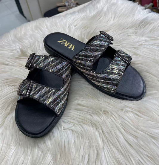 Z-A-R-A Inspired Stones Embellished Slingback – Kitten Flat | Premium Women Footwear (Black)