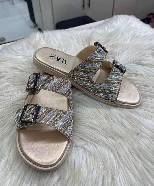 Z-A-R-A Inspired Stones Embellished Slingback – Kitten Flat | Premium Women Footwear (Gold)