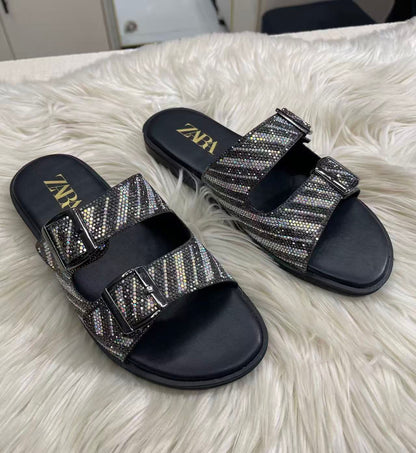 Z-A-R-A Inspired Stones Embellished Slingback – Kitten Flat | Premium Women Footwear (Black)