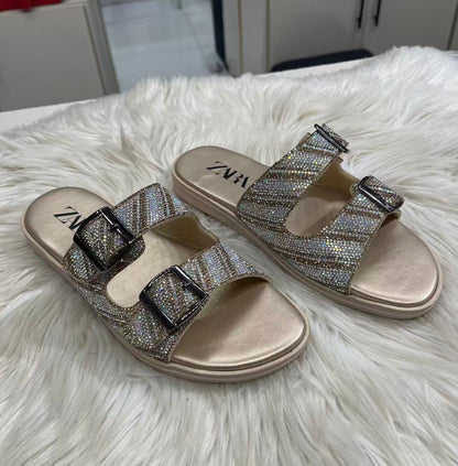 Z-A-R-A Inspired Stones Embellished Slingback – Kitten Flat | Premium Women Footwear (Gold)