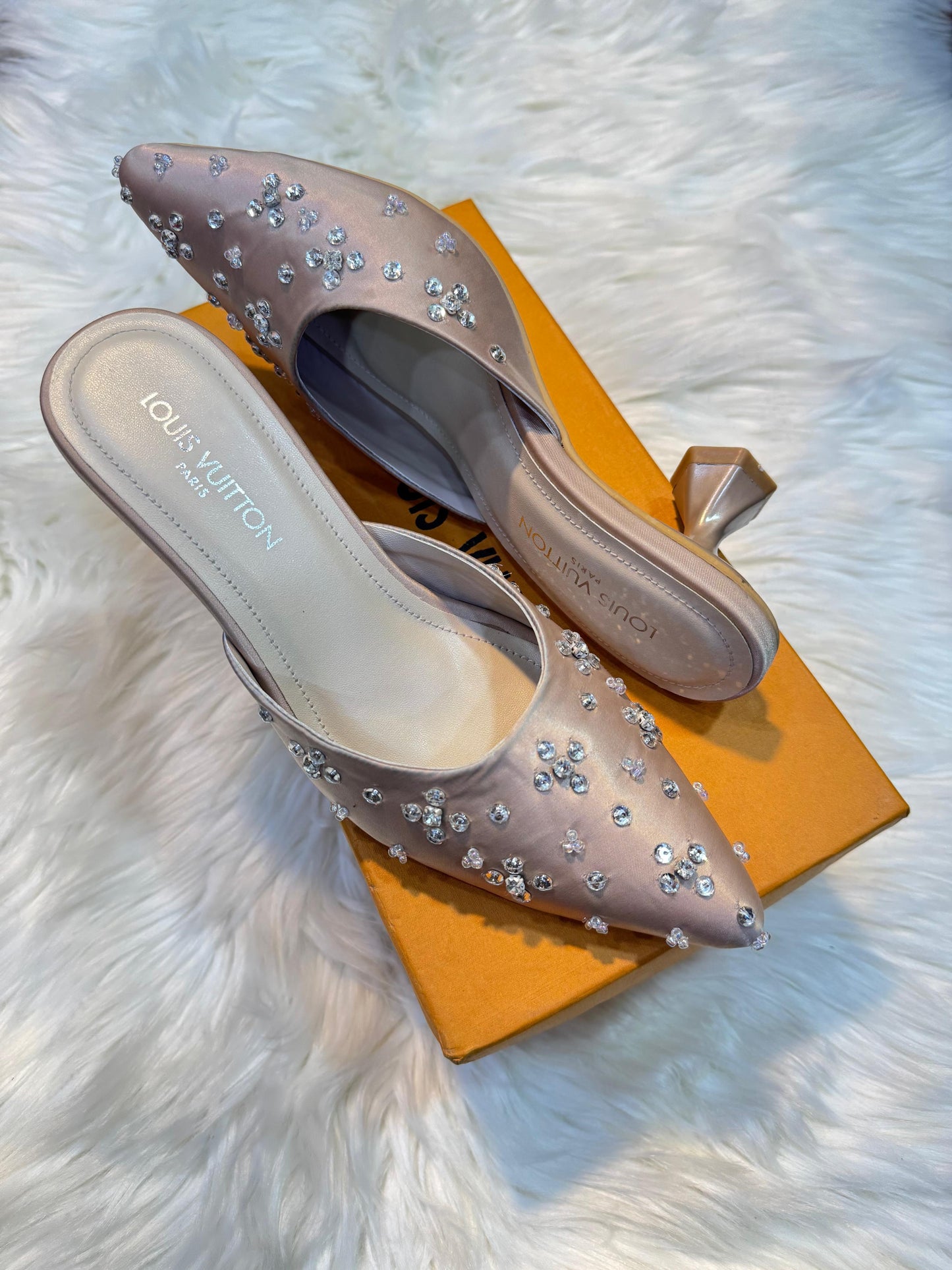 L-O-U-I-S V-U-I-T-T-O-N Inspired Heels – Elegant Women Footwear | Premium Edition (Gold)