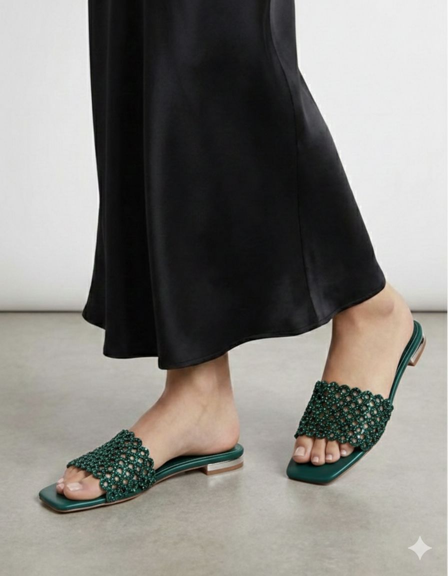 A-Q-U-A-Z-Z-U-R-A Inspired Ring Stone Flat – Elegant Women Footwear | (Green)