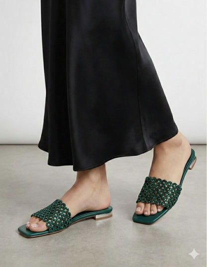 A-Q-U-A-Z-Z-U-R-A Inspired Ring Stone Flat – Elegant Women Footwear | (Green)