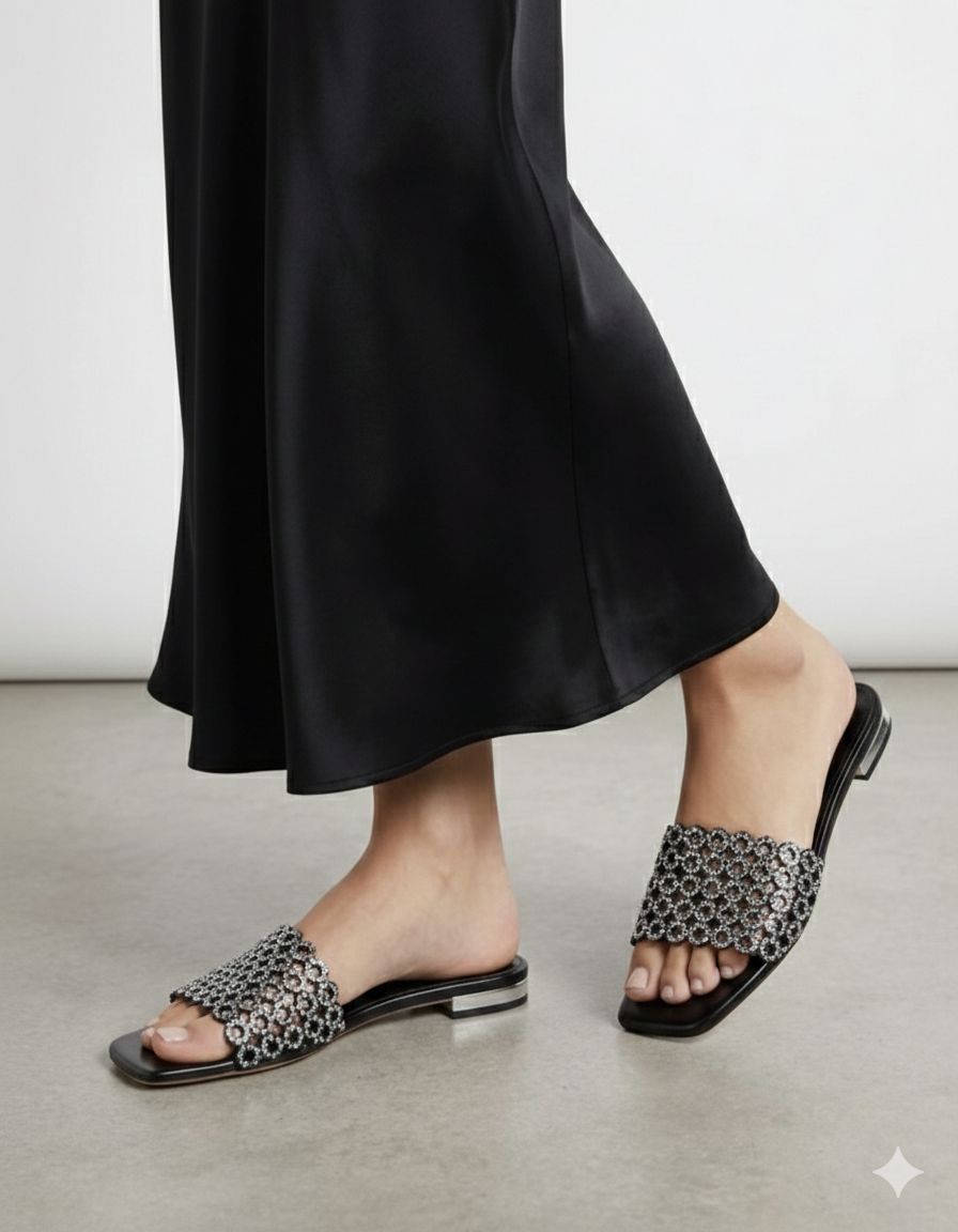 A-Q-U-A-Z-Z-U-R-A Inspired Ring Stone Flat – Elegant Women Footwear | (Black)