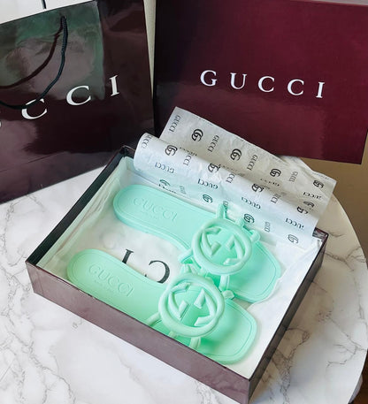 G-U-C-C-I Luxury Jelly Slippers – Premium Women Footwear | Summer Edition (Green)
