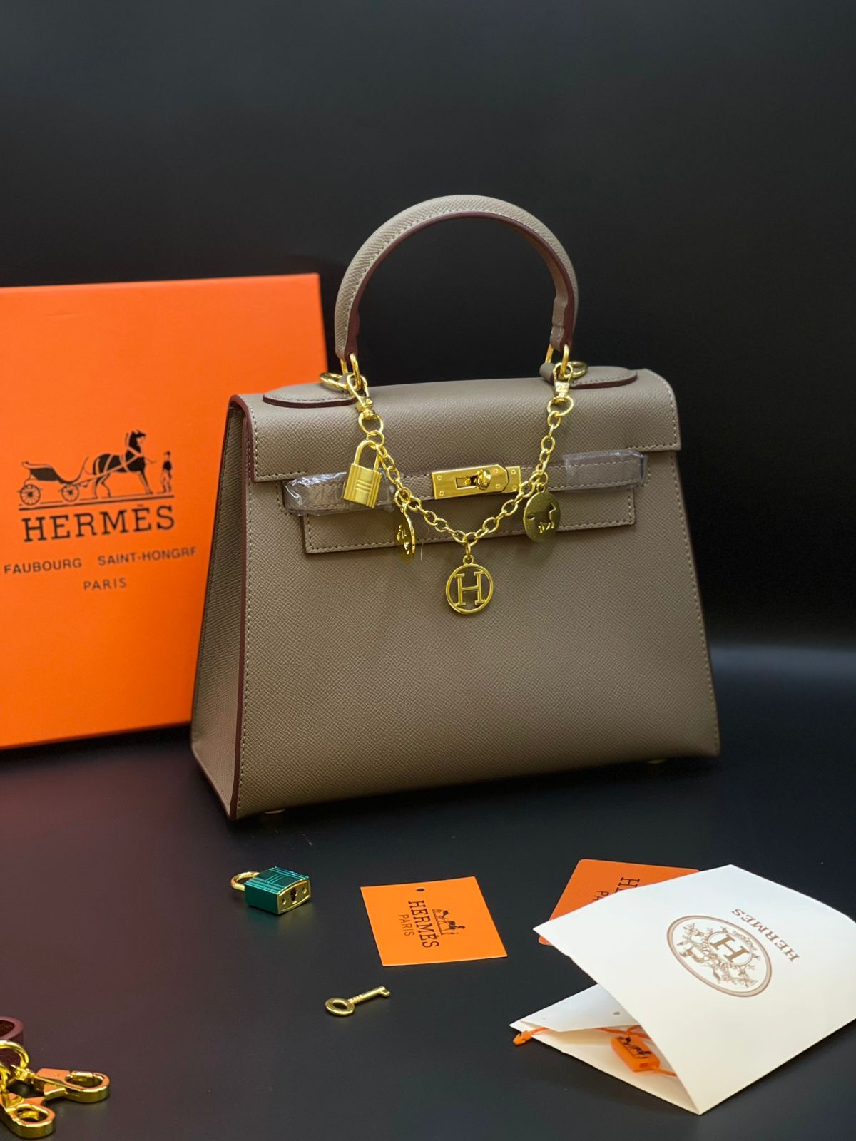 H-E-R-M-È-S Kelly Luxury Structured Top Handle Women Bag With Charm – Premium Edition (Coffee)