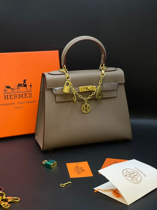 H-E-R-M-È-S Kelly Luxury Structured Top Handle Women Bag With Charm – Premium Edition (Coffee)