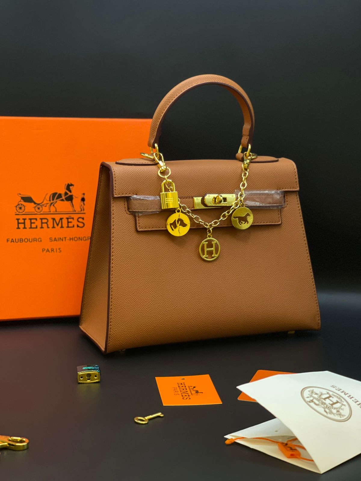 H-E-R-M-È-S Kelly Luxury Structured Top Handle Women Bag With Charm – Premium Edition (Brown)