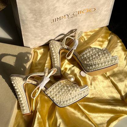 J-I-M-M-Y C-H-O-O Luxury Embellished Satin Platform Sandals – 120mm Heel | Premium Women Footwear