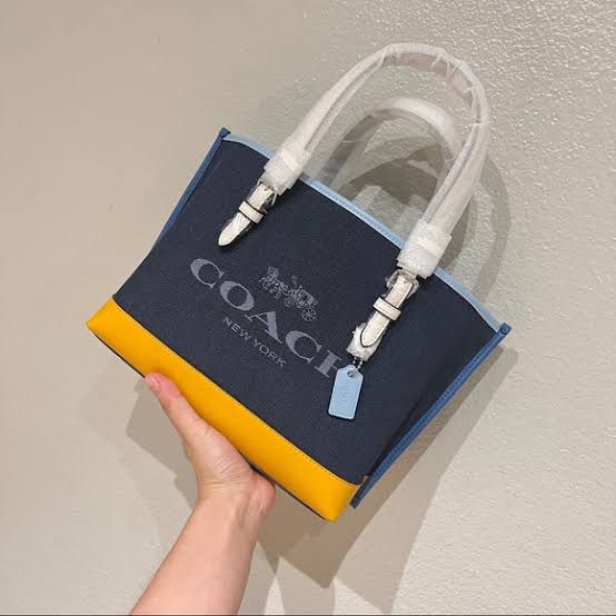 C-O-A-C-H Luxury Mollie-Inspired Tote Women Bag – Canvas & Smooth Leather | Premium Edition (Blue)