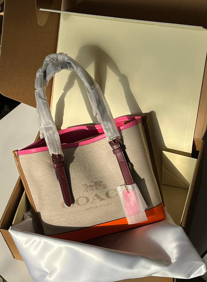 C-O-A-C-H Luxury Mollie-Inspired Tote Women Bag – Canvas & Smooth Leather | Premium Edition (Pink)