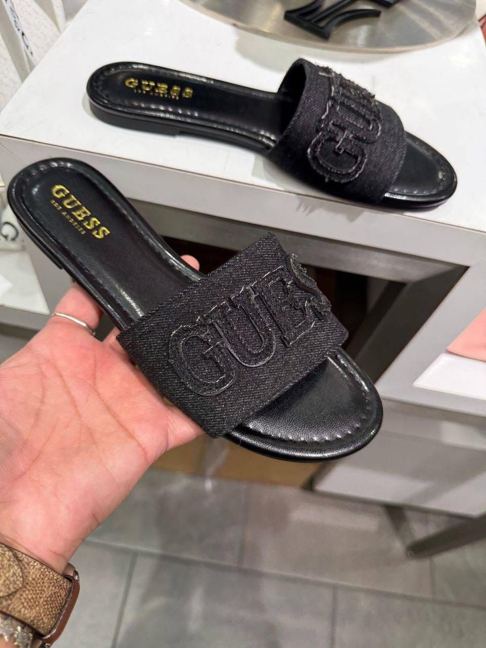 G-U-E-S-S Luxury Denim Flat Slippers | Chic Casual Edition (Black)