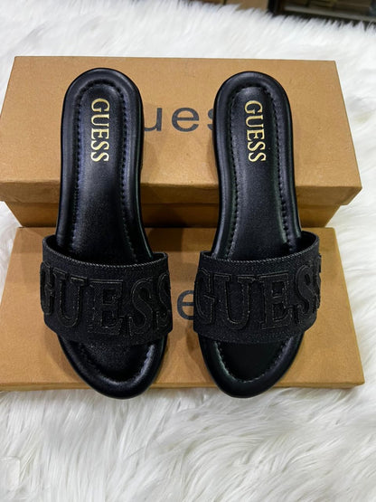 G-U-E-S-S Luxury Denim Flat Slippers | Chic Casual Edition (Black)