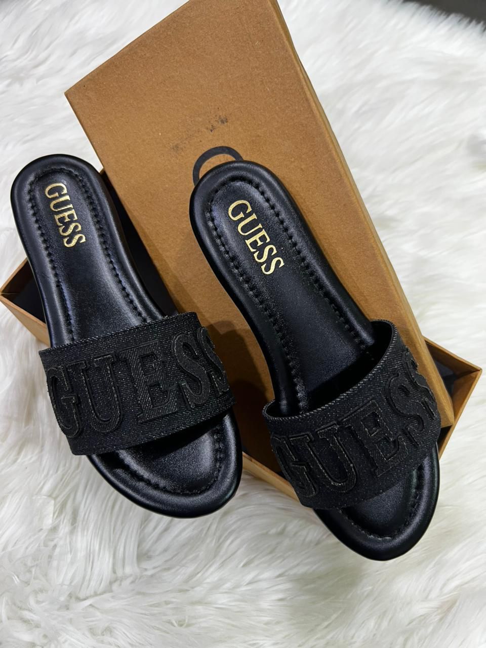 G-U-E-S-S Luxury Denim Flat Slippers | Chic Casual Edition (Black)