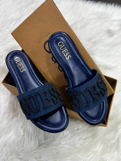 G-U-E-S-S Luxury Denim Flat Slippers | Chic Casual Edition (Blue)