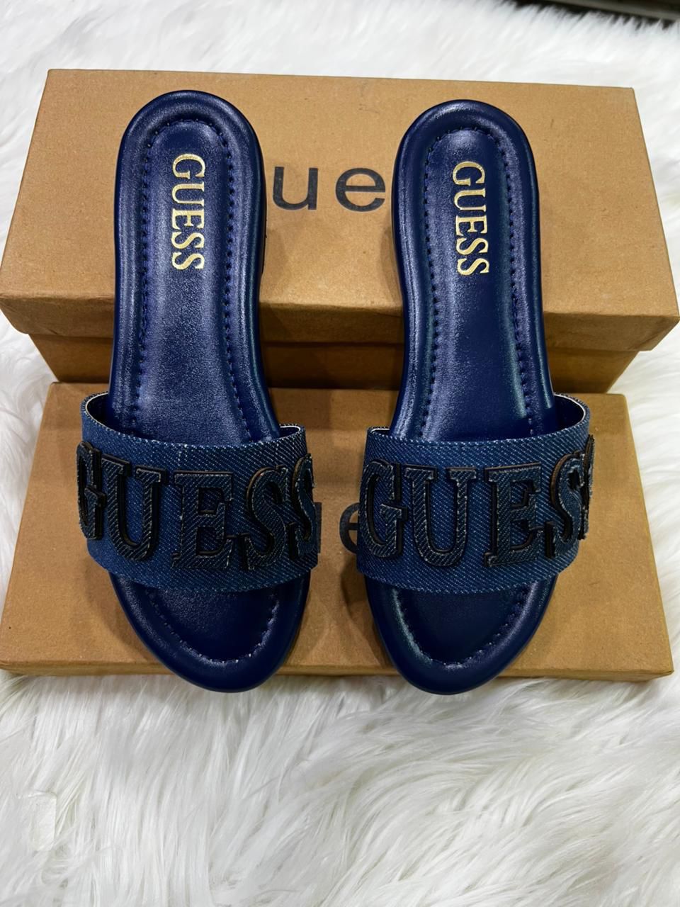 G-U-E-S-S Luxury Denim Flat Slippers | Chic Casual Edition (Blue)